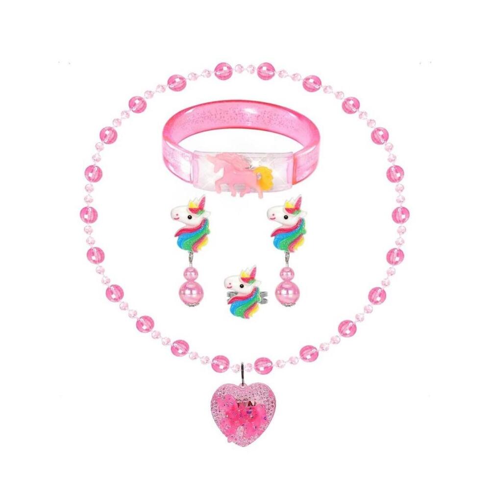 Unicorn Necklace Bracelet, Clip On Earrings Adjustable Rings for girls- 2 sets
